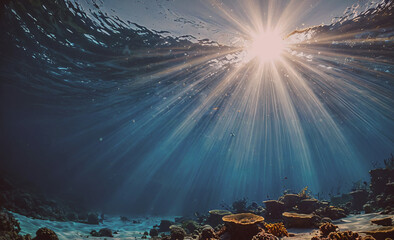 Poster - The sun is shining on the ocean. The water is blue and the sun is reflecting off of it