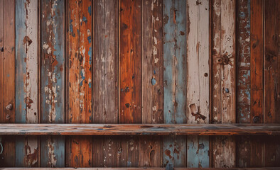 Poster - Wooden shelf with a blue stripe. The shelf is empty. The wood is old and has a lot of scratches