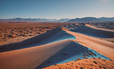 Poster - Desert landscape with a mountain in the background. The sky is blue and the sun is setting