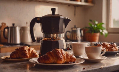 Poster - Coffee pot with a pot of coffee on top of it. There are two cups of coffee on the table