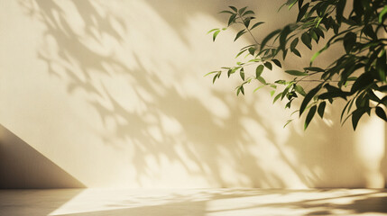 Poster - Soft shadows dance on a wall from a leafy plant in warm daylight