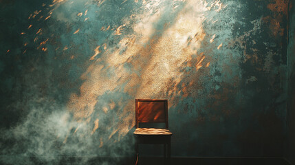 Poster - Light streams onto an empty chair in a quiet room with textured walls and soft smoke