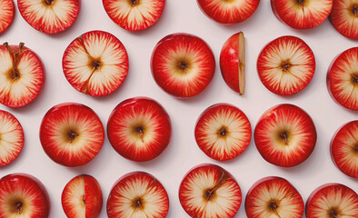 Aufkleber - Close up of a red apple with a white background. The apple is sliced in half and has a stem