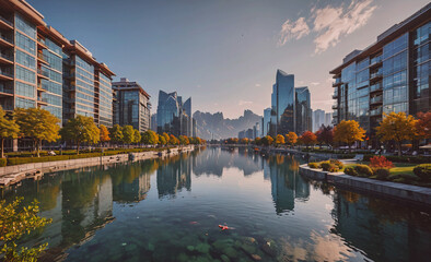 Poster - City with a river running through it. The river is surrounded by buildings and trees. The water is calm and clear
