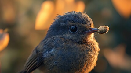 Wall Mural - Small Dark Bird Holding Seed In Beak At Sunset