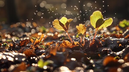 Poster - Delicate green plant leaves glistening with subtle water droplets evaporating into the warm sunlight symbolizing the natural cycle of and the beauty of the botanical world