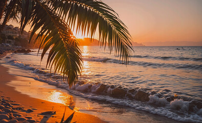 Fototapete - Palm tree is on the beach with the sun shining on it. The water is calm and the sky is orange