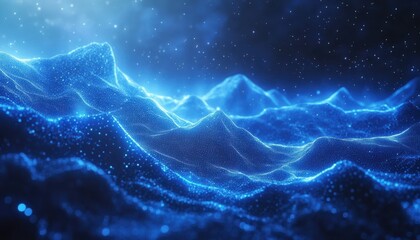 Poster - Abstract Digital Landscape with Glowing Blue Waves and Stars, Representing Depth and Motion in a Night Sky Full of Illuminated Particles