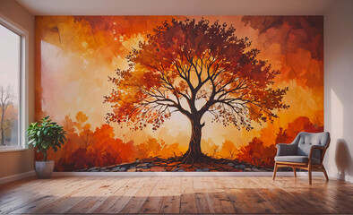 Aufkleber - Large painting of a tree with a chair in the background. The tree is orange and the chair is gray