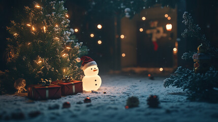 Wall Mural - Festive winter scene with glowing snowman and decorated Christmas tree at night