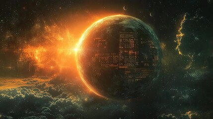 Wall Mural - glowing planet in space shows digital data overlay