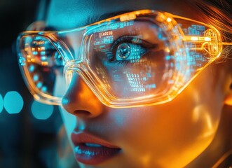Poster - Close-Up of a Woman with Futuristic Glasses Displaying High-Tech Data and Information in a Dynamic, Neon Environment