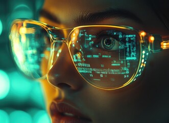 Poster - Close-up Portrait of a Young Woman Wearing Glasses with Digital Data Reflection, Representing Technology, Innovation, and Future Vision in a Neon Environment