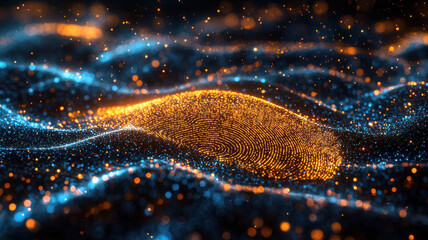 Poster - Fingerprint scan hologram concept. Glowing fingerprint hologram with digital particles