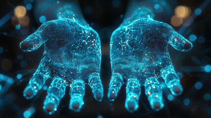 Poster - Fingerprint scan hologram concept. Futuristic digital hands with glowing network connections