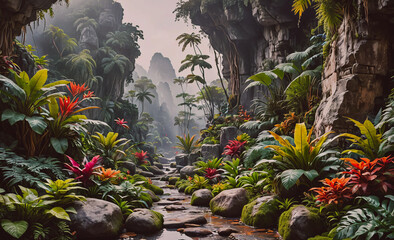 Aufkleber - Lush jungle with a river running through it. The river is surrounded by rocks and plants. The plants are green and colorful, with some having red flowers