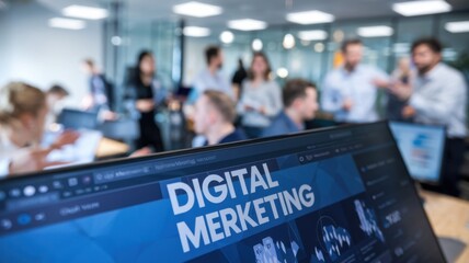 Poster - Office scene featuring a digital marketing display with people engaged in conversation.