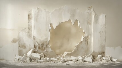 Poster - Damaged wall with a large hole and debris on the floor 