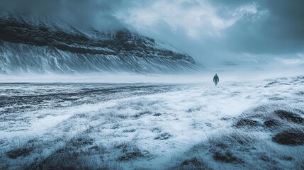 Wall Mural - lone figure walking across snowy landscape towards mountains