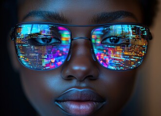 Poster - Portrait of a woman with dark skin, wearing futuristic glasses reflecting vibrant digital data and colorful information, representing technology, innovation, and data analysis