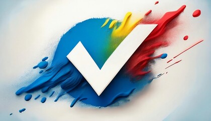 Poster - A vibrant checkmark design, splashed with blue, yellow, and red paint, symbolizing creativity and approval.