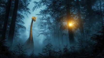 Wall Mural - Glowing Dinosaur Lurks in a Foggy Forest at Night