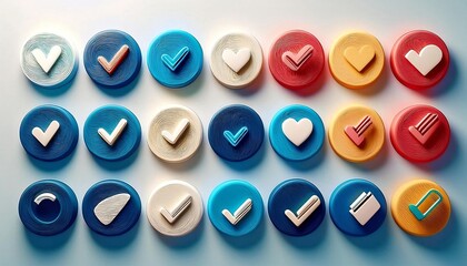 Poster - Colorful buttons with checks and hearts arranged in a grid, showcasing a playful design suitable for crafts or digital interfaces.