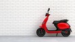 © Prarittha - a photostock of a single electric scooter parked against a clean white wall, urban commuting 2025
