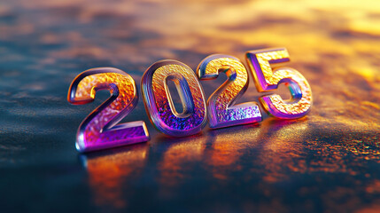 Poster - Colorful representation of the year 2025 with reflections and vibrant light effects