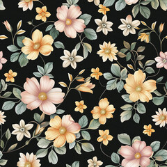 Poster - Pastel Flowers on Black Background Seamless Pattern