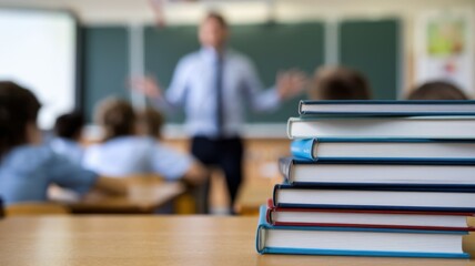 Poster - A classroom scene with stacked books and a teacher speaking to students.