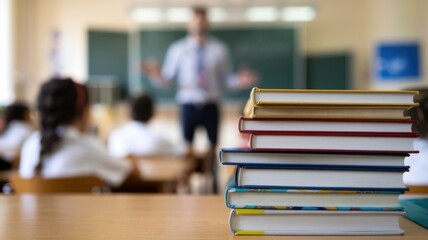 Poster - Classroom scene with a teacher and stacked books in focus.