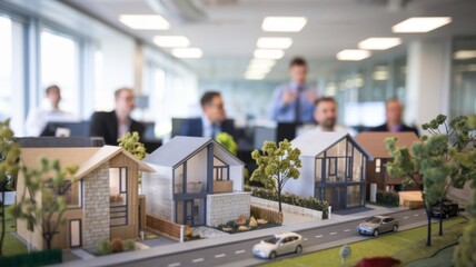 Poster - A model of houses displayed in an office setting, with people in the background discussing.