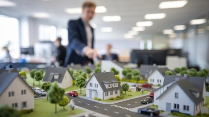 Poster - A model of a residential area displayed in an office, with a professional in the background.