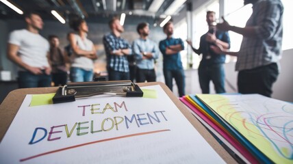 Poster - A team meeting focused on development, with a clipboard and colorful papers in the foreground.