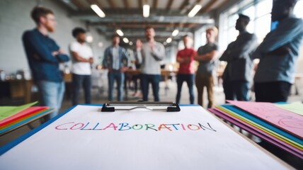 Poster - A group of people discussing collaboration in a modern workspace.