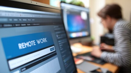 Poster - A workspace showcasing remote work on a computer screen with a person focused on a task.