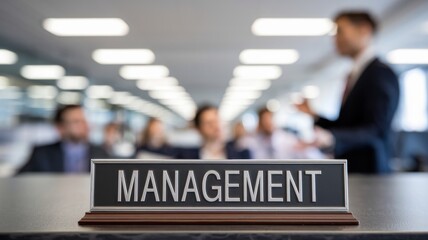 Poster - A management sign in an office setting with individuals engaged in discussion.