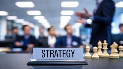 Poster - A business meeting focused on strategy, featuring a chess theme and engaged participants.