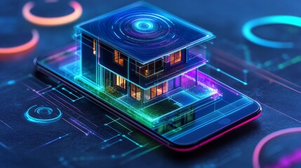 Poster - Smartphone displays holographic model of modern house with vibrant digital effects and blueprints