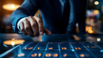 Poster - Business professional analyzing data on a digital screen in a modern office setting