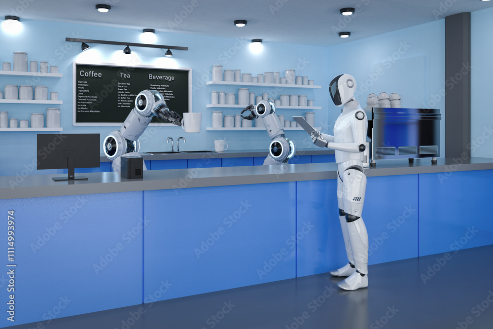 Automation cafe or coffee shop with robotic barista serve cup of coffee ...