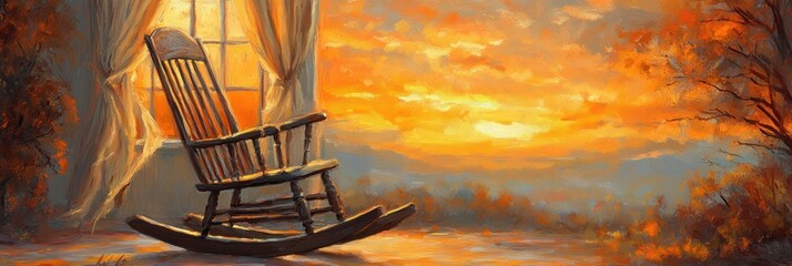 Wall Mural - A serene sunset view through a window, featuring a rocking chair in a cozy setting.