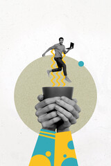 Poster - Vertical photo collage of happy man freelancer run laptop late work hands hold hot drink cup coffee pause isolated on painted background