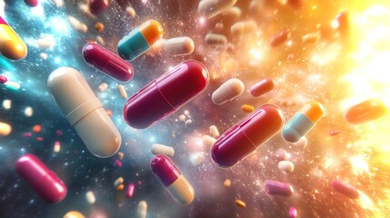 Poster - Colorful capsules float in a dynamic abstract composition with vibrant background