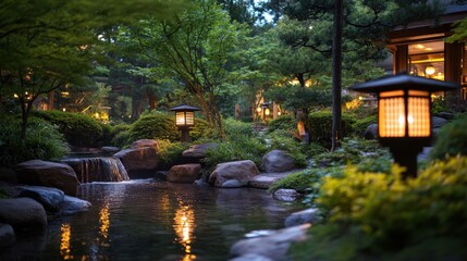 Wall Mural - Serene Evening Garden with Lanterns and Gentle Waterfall Scene