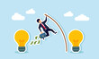 © B Design - A businessman jump from one lamp to another with a wooden stick and carrying a briefcase full of money, illustration of switching to another business idea after succeeding in one