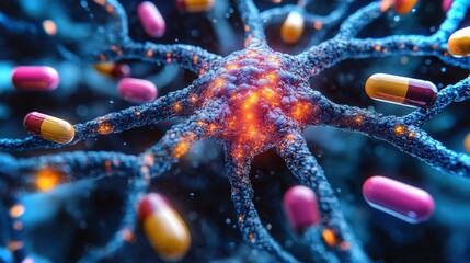 Poster - Detailed illustration of neuron structure with capsules surrounding synapses in 4K resolution