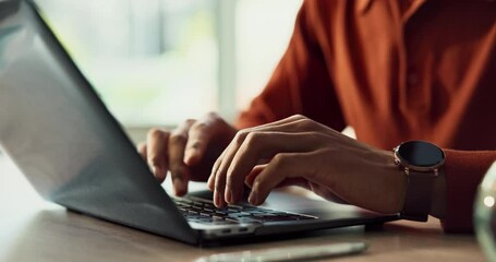 Poster - Laptop, typing and hands of person in home office with research, planning or creative writing on website. Remote work, computer and freelance writer with online article, report or copywriting at desk