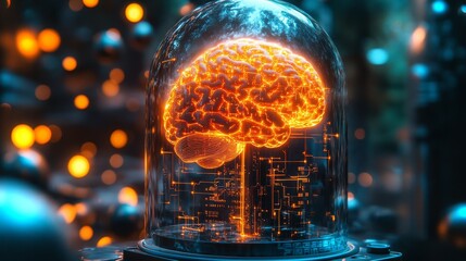 Poster - Highly detailed glowing brain inside a glass enclosure showcasing advanced technology
